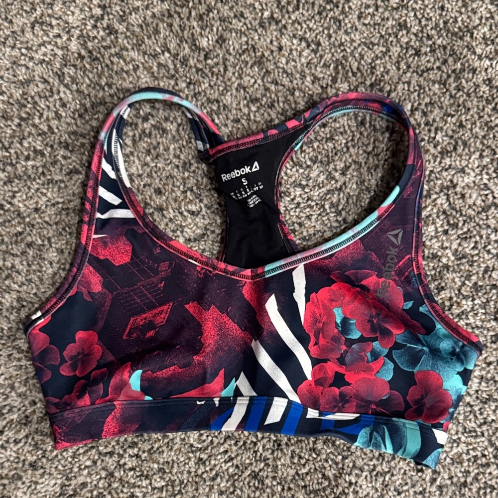 Reebok Women's Floral and Stripe Sports Bra - Red and Blue